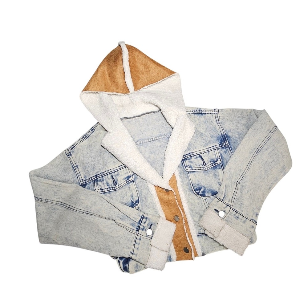 Acid Wash Cropped Denim Jacket Faux Shearling Lined Hooded Blue Tan Large